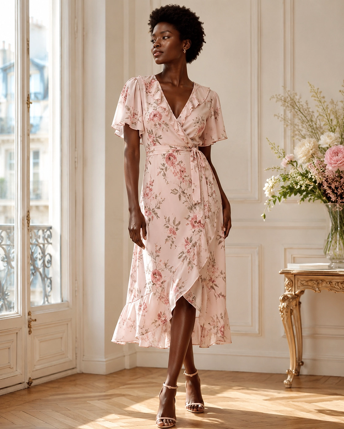Rosalie blush floral wrap dress